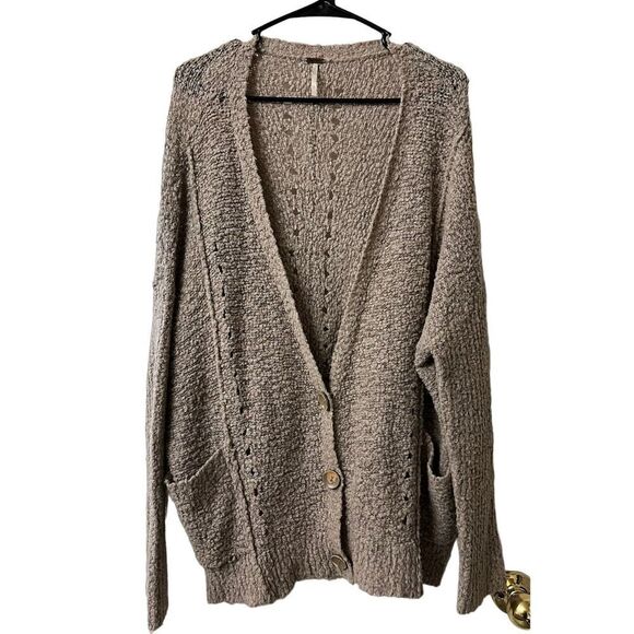 Free People Acrylic Blend Slouchy Cardigan Sweater Long Sleeve Tan Womens Small - Picture 3 of 11